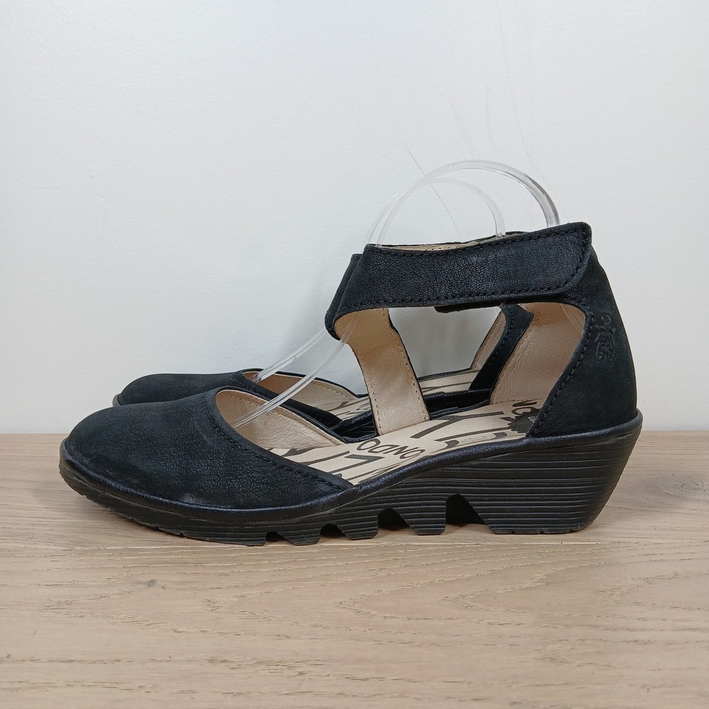 Fly London Shoes Womens 10 Black Nubuck Leather Mary Jane Wedge Hook Loop